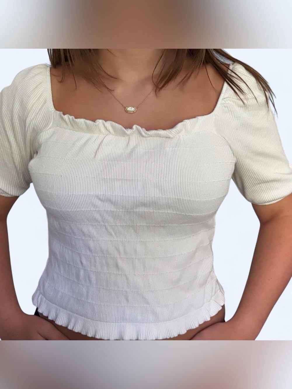 Altar'd State Cream Ribbed Square-Neck Puff Sleeve Crop Top SzS Coquette Cottage - Picture 7 of 7